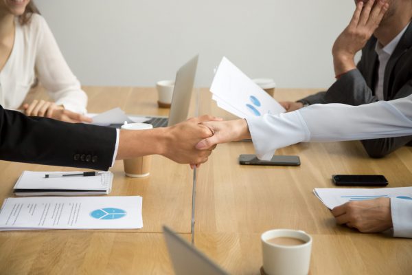 Diverse businessman and businesswoman handshaking at group meeting, close up view of white female and black male hands shaking as concept of gender equality racial diversity in business, making deal